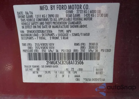 2016 Ford Flex Sel из США, поврежденный, VIN 2FMGK5C82GBA13506